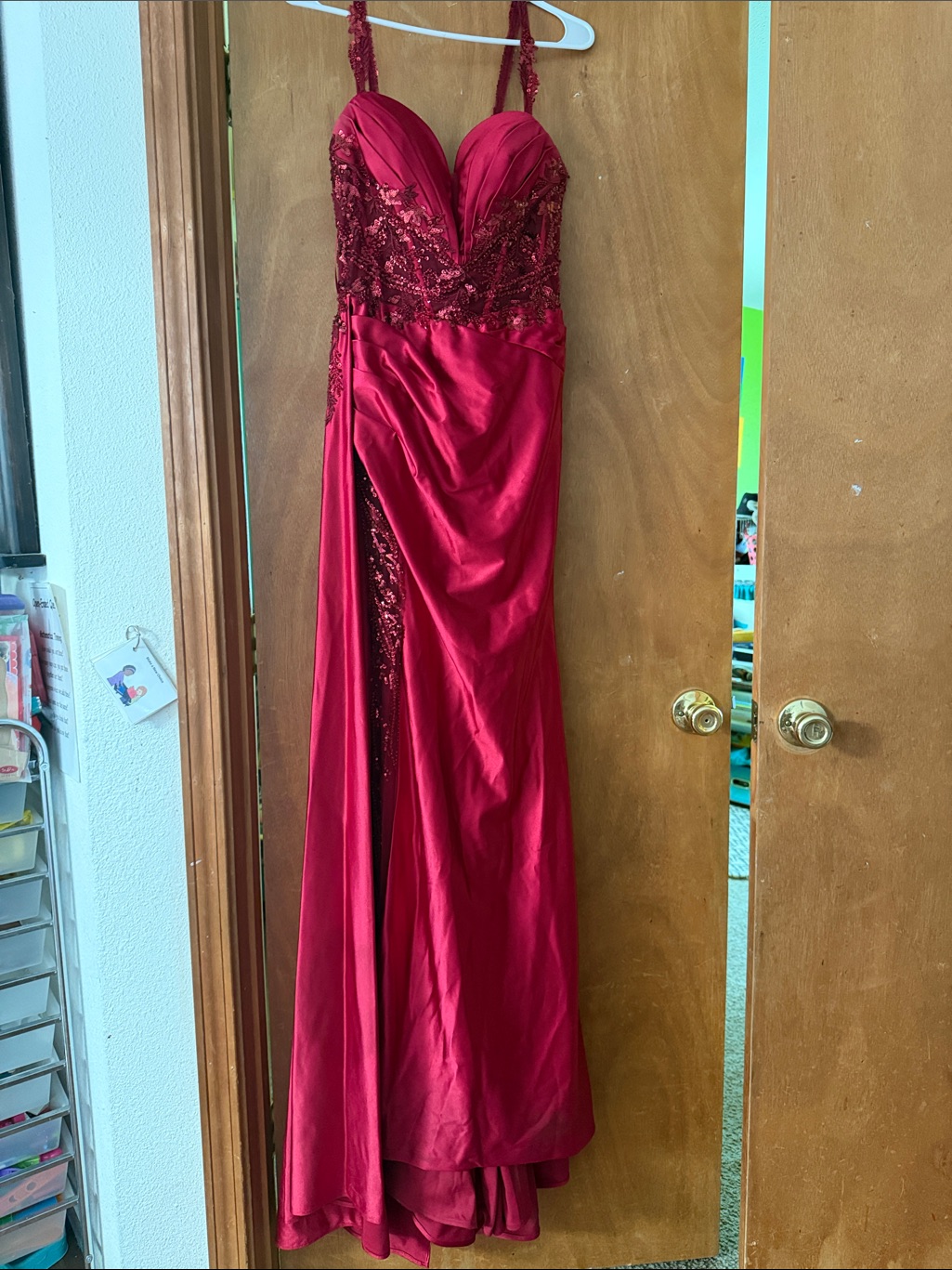 Red Beaded Satin Evening Gown